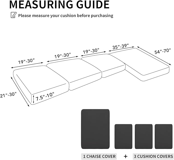 Easy-Going 100% Waterproof 4 Pieces Couch Cushion Covers for Sectional Sofa Left/Right L Shape Chaise Lounge Sofa Seat slipcover Anti-Slip Sofa Cover (3 Seater + 1 Chaise, Dark Gray