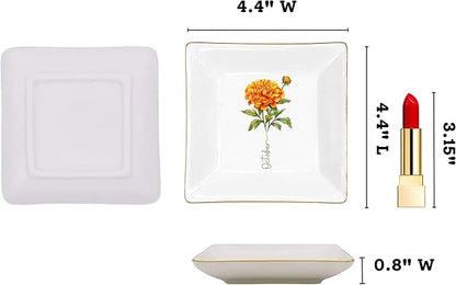 Gossby Personalized Jewelry Tray - Gift for Women, Mom, Friend with Birth Month Flower, Name - Ceramic Trinket Tray, Dish, Plate for Ring, Earring, Bracelet - Gift Mothers Day, Birthday, Christmas V1