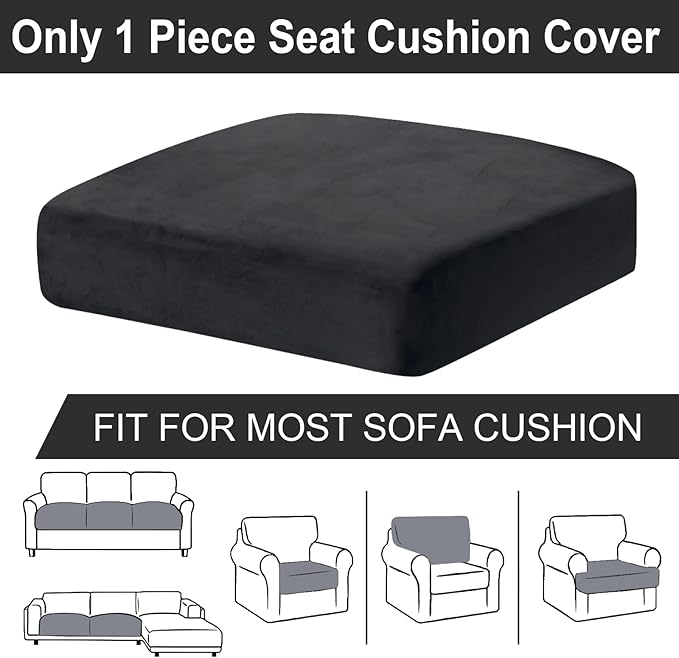 Couch Cushion Cover Velvet 1 Piece Seat Cushion Cover Stretch Armchair Cover Separate Sectional Sofa Slipcovers Furniture Protector (1-Seater or Sofa Backrest, Black)