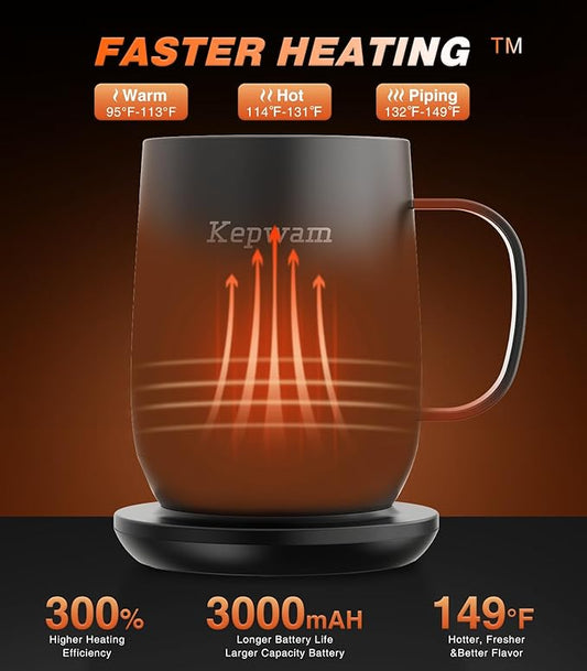 Kepwam Self Heating Coffee Mug T2, 16oz Smart Heated Coffee Mug, 150 Min Battery Life - Hot up to 149℉ Temperature Control Coffee Mug Warmer, Gifts for Dad Mom (No APP)