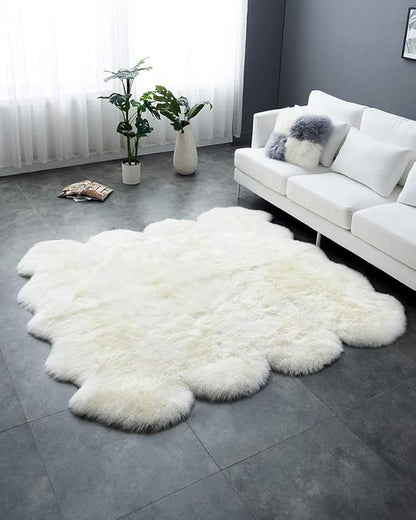 HUAHOO Premium Genuine Sheepskin Rug Real Australia Sheepskin Natural Luxury Fluffy Lambskin Fur Area Rug Seat Covers for Kids Bedroom Sofa Chair Cover Pets Dogs Mat Eight Pelt /6.2' x 7' White/Ivory