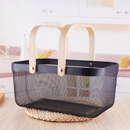 IBWell Square Metal Wire Woven Fruit Storage Bowl Basket with Wooden Handle, Large Black Mesh Fruit Stand, Multi-function Hanging Kitchen Baskets (Black, Extended)