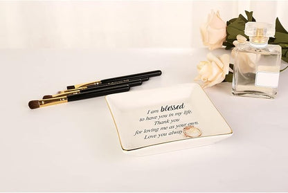 Mothers Day Birthday Gifts for StepMom Bonus Mom,Mother in Law Gift-Ceramic Ring Dish, Jewelry Tray, I am Blessed to Have You in My Life,Thank You for Loving Me as You Own…