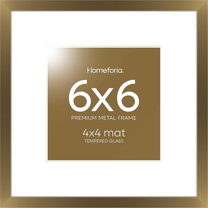 Homeforia 6x6 Picture Frames Bronze, High End Metal 6 x 6 Square Photo Frame with Mat 4 by 4, 6x6 Brass Frame Matted to 4x4 inch Print, 6by6 Wall or Tabletop Frames, Tempered Glass, Wall Kit, Set of 1