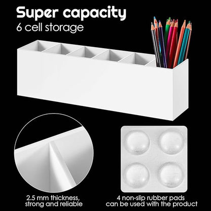 Jetec Acrylic Pen Holder 6 Compartments Makeup Brush Stationery Organizer Pencil Holder for Desk Accessories, Cosmetic Brushes, Dorm, Home, Bathroom, Kitchen, Office Supplies(White)