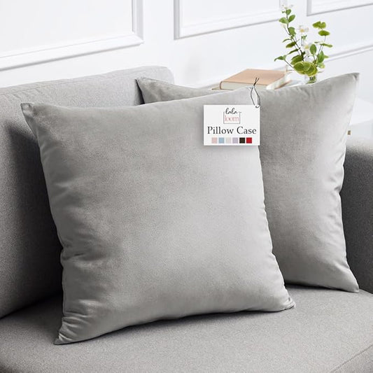 lalaLOOM Velvet Throw Pillow Covers, Set of 2, 24x24 Decorative Square Pillows Home Decor, Soft Accent Cases, Silky Machine Washable Pillowcases for Sofa, Couch, Bedroom, Living Room, Light Gray
