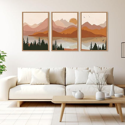 HLNIUC Burnt Orange Wall Decor, Boho Mountain 16x24 Wall Art Framed Large, Southwest Terracotta Nature Art Canvas Painting, Mid Century Modern Rustic Sunset Prints for Living Room, Bedroom, Office