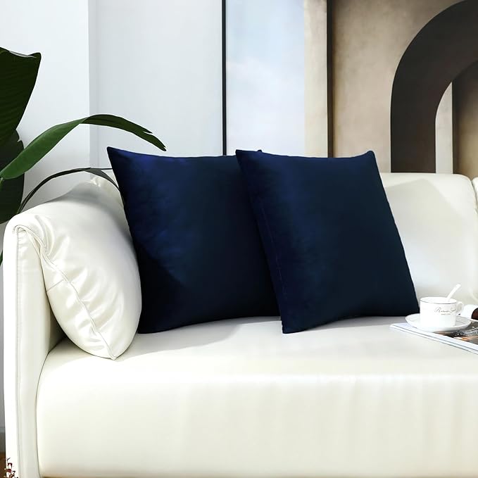 mixeoo Comfy Dark Blue Throw Pillow Covers Decorative Square Velvet Super Soft Navy Cushion Couch Cases Decor, Set of 2, 16 x 16 Inch