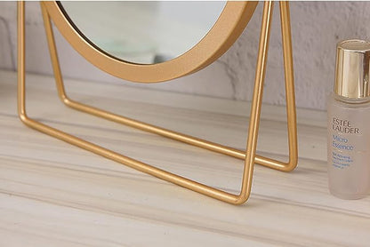 Geschaft Golden Tabletop Single Sided Makeup Mirror, 360°Rotation Iron One-Sided Dressing Table Mirror, Round Swivel Desktop Stand Mirror (Golden - Round),7.1'' (L) x 2'' (W) x 8.5''(H)
