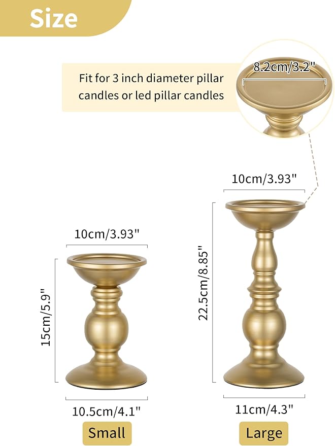 2 Pcs Gold Pillar Candle Holders, Gold Candlestick Most Ideal for 3" Pillar Candles, Gifts for Wedding, Party, Home, Spa, Reiki, Votive Candle (2 x S)