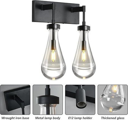 Raindrop Wall Sconces Black Crystal Sconces Wall Decor Modern Brass Lighting Glass Bathroom Sconces Indoor Vanity Light Wall Lamp for Bedroom Living Room Stair(2-Light)