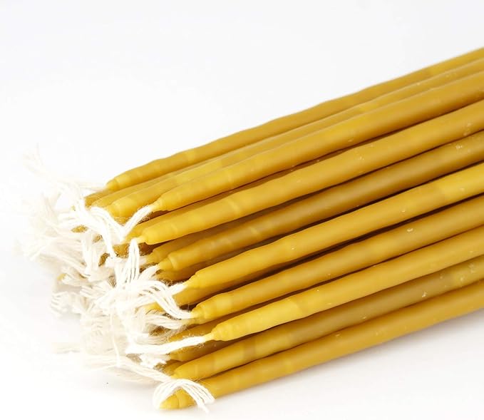 Set of 2 Theotokos Design Brass Candle Holders and 20 Pure Beeswax Church Candles, Orthodox Tapers, Home Altar