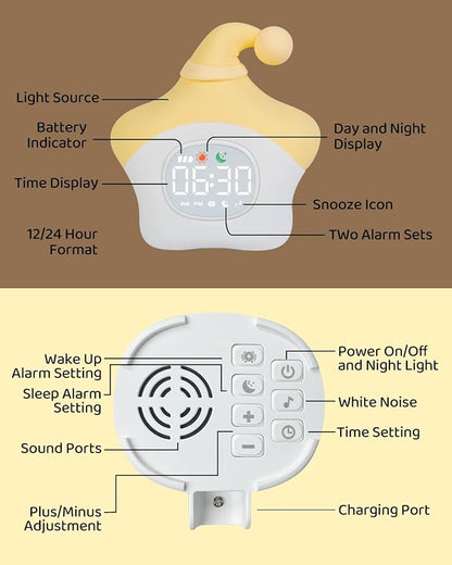 Star Alarm Clock with Night Light for Kids with Sleep Training and Sound Machine, Rechargeable Silicone Lamp OK to Wake Clock，Cute Animal Tabletop Lamp, Perfect Sleep Companion for Boys Girls, Yellow