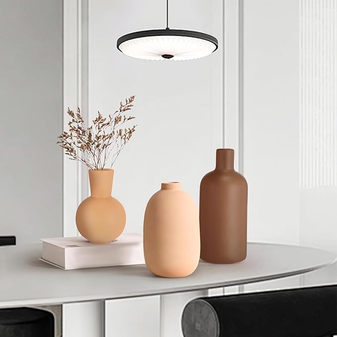 3 Pcs Ceramic Vases Modern Terracotta Vase Brown for Home Decor Round Matte Boho for Table Decor Living Room Minimalist Nordic Centerpiece Decorations