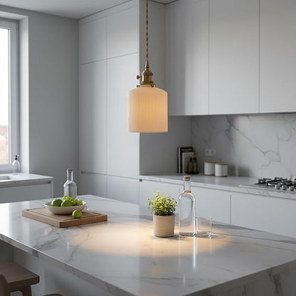 Modern Farmhouse Mini Pendant Light with White Ceramic Cylindrical Shade, Brass E26 Socket with On/Off Switch, Hardwired Hanging Lamp for Vanity, Kitchen Sink Lighting Bar Counter