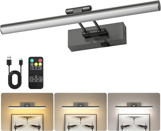 JUSHENG Battery Operated Picture Lights for Wall Brushed Grey 3CCT Dimmable Gallery Lights with Remote and Timer Wireless Painting Lights for Artwork, Display, Portraits 15.35'' Inch 3W