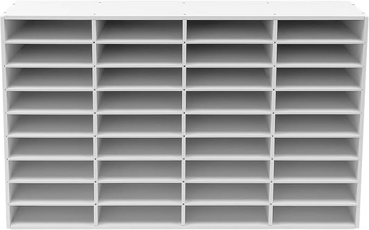 Literature Organizer with 36 Compartments | Adjustable Desktop File Sorter Mail Center for Home, Office & Classroom | PVC Paper Storage Cabinet with Shelves, White