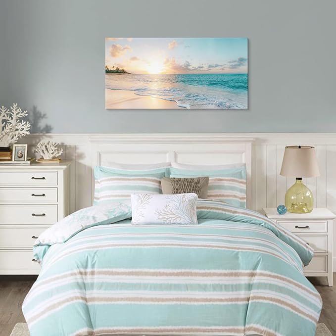 Goldfoilart Ocean Beach Sunset Canvas Wall Art for Bedroom Seascape Paintings Coastal Picture Framed Artwork for Bathroom Living Room Office Wall Decor 20" x 40"