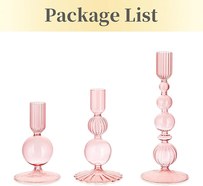 Hewory Glass Candlestick Holders Set: 3PCS Pink Candle Holder Taper Candle Holders Bulk, Crystal Ribbed Candle Sticks Holder Decor for Table Centerpiece Wedding Christmas Thanksgiving Dinner