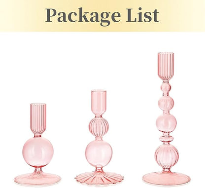Hewory Glass Candlestick Holders Set: 3PCS Pink Candle Holder Taper Candle Holders Bulk, Crystal Ribbed Candle Sticks Holder Decor for Table Centerpiece Wedding Christmas Thanksgiving Dinner
