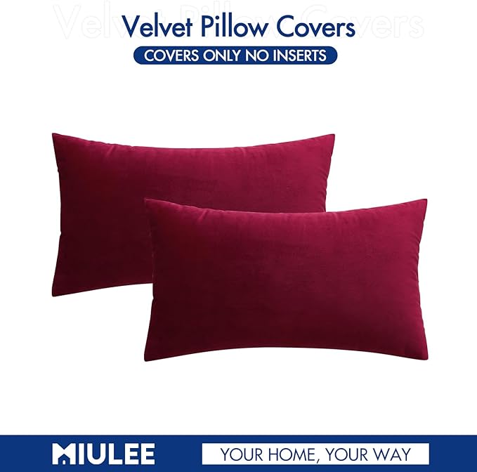 MIULEE Pack of 2 Velvet Soft Solid Christmas Decorative Lumbar Rectangle Throw Pillow Covers Cushion Case Home Decor for Sofa Couch Bedroom Car 12x20 Inch Wine Red