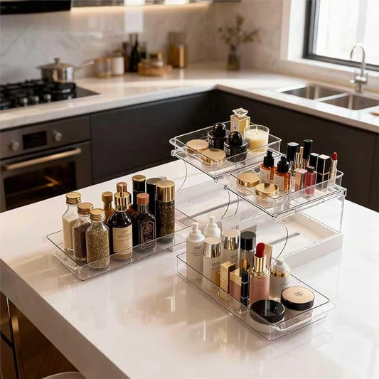 Pull Out 2 Tier Under Sink Organizer Clear Cabinet Organizer for Kitchen Bathroom Storage Rotating Pantry Rack for Spice Organization and Makeup Organizer for Drawer Durable Design 2 Pack