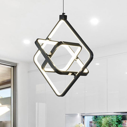 Modern LED Pendant Lights Plated Black Rectangular Pendant Light Fixtures 4000K 35W Dimmable Pendant Lighting for Dining Room Kitchen Island Bedroom Living Room Foyer（3-Ring）
