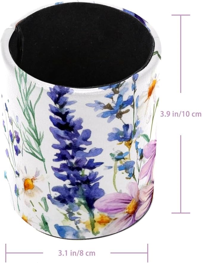 Wildflowers Purple Bluebell Sage Chamomile with Butterflies Pen Holder for Desk, Round Pencil Cup Desktop Stationery Organizer for Home Office School Desk Brushes Storage
