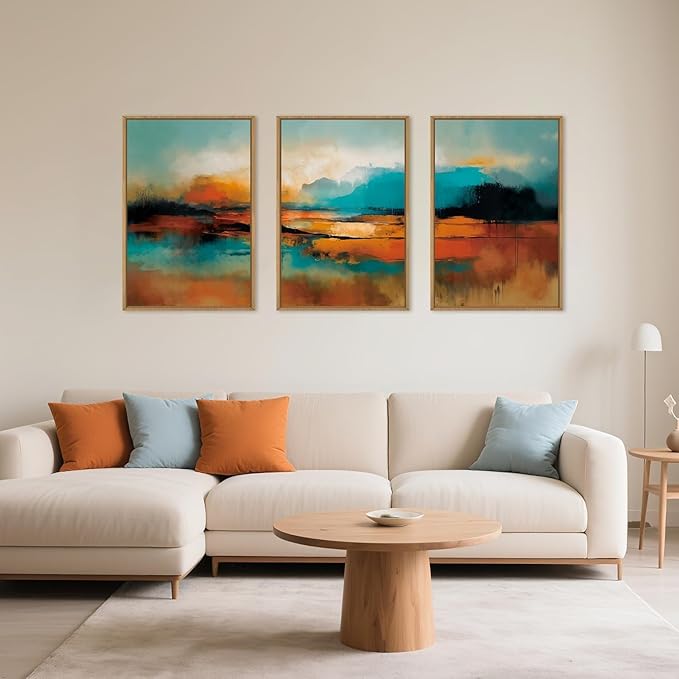 Large Abstract Burnt Orange Framed Canvas Wall Art,Neutral Blue and Black Wall Decor,Modern Brush Stroke Artwork,Minimalist Watercolor Art Print for Living Room,Bedroom,Office- 24"x36"x3