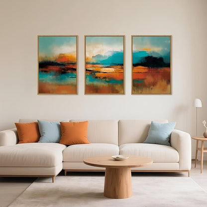 Large Abstract Burnt Orange Framed Canvas Wall Art,Neutral Blue and Black Wall Decor,Modern Brush Stroke Artwork,Minimalist Watercolor Art Print for Living Room,Bedroom,Office- 24"x36"x3