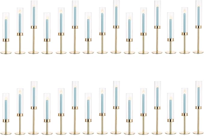 Gold Candle Holders for Candlesticks - Taper Candle Holders with Removable Glass, Tall Brass Candlestick Holders, Candle Stand Candle Sticks Long Holder for Table Centerpiece, Wedding, 30Pcs