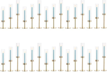 Gold Candle Holders for Candlesticks - Taper Candle Holders with Removable Glass, Tall Brass Candlestick Holders, Candle Stand Candle Sticks Long Holder for Table Centerpiece, Wedding, 30Pcs