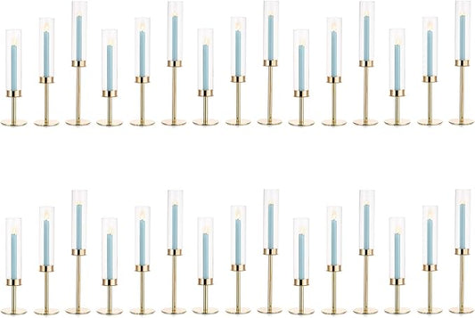 Gold Candle Holders for Candlesticks - Taper Candle Holders with Removable Glass, Tall Brass Candlestick Holders, Candle Stand Candle Sticks Long Holder for Table Centerpiece, Wedding, 30Pcs
