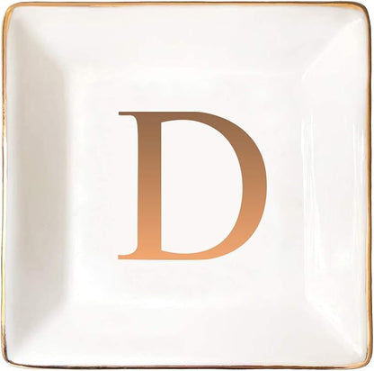 ANOTION Jewelry Tray Ring Dish with Ini-tial Gift- Personalized Trinket Dish and Jewelry Dish with Gold Initials Key Bowl Ceramic Holder, Unique Wedding or Engagement Present