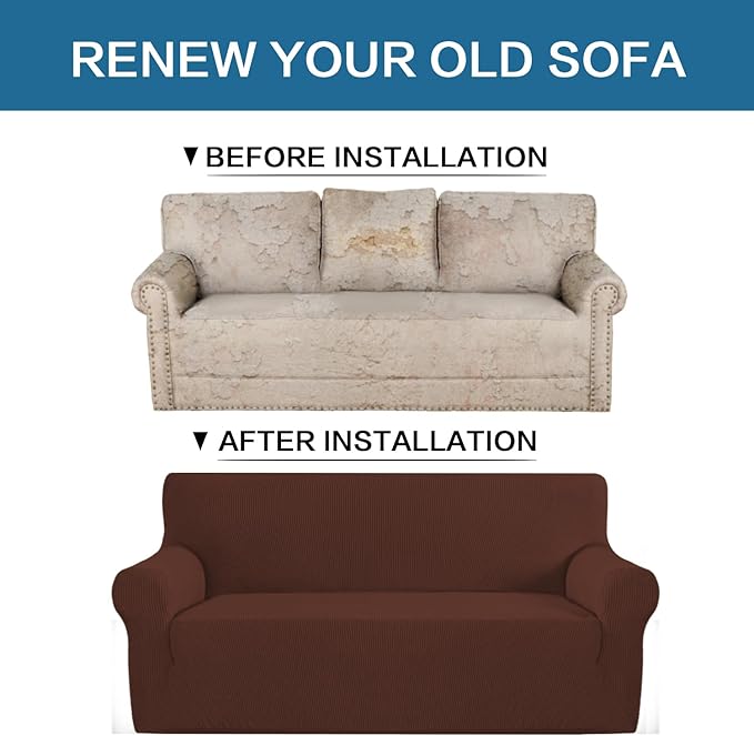 H.VERSAILTEX Stretch Couch Cover Loveseat Covers for 2 Cushion Couch Sofa Slipcover for Love Seat 1 Piece with Elastic Bottom, Checked Jacquard Fabric(Loveseat 58"-70" Wide, Burnt Brick)
