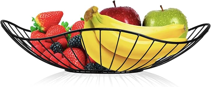 Lainrrew Metal Wire Fruit Basket, Fruit Bowl Fruit Holder Fruit Storage for Kitchen Counter, Metal Fruit Basket Fruit Holder Stand Storage Baskets for Countertop, Home Decor (Black)