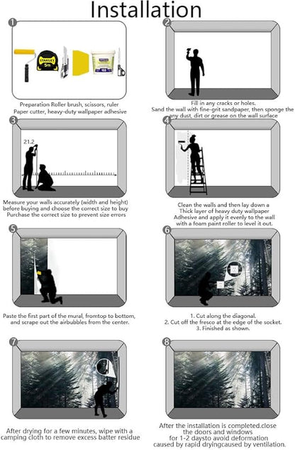 Forest in The Fog Wall Mural, Forest Wall Sticker Wallpaper, Non-self-Adhesive Wall Decorations（Non-self-Adhesive）