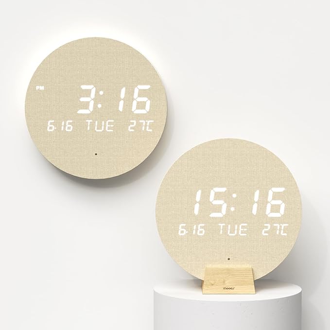 mooas Wood Moon Cordless Mini Digital LED Wall Clock, Date, Temperature, Auto Brightness, Digital Wireless Wall Clock Modern Minimalist Décor for Office Livingroom Bedroom, Wall Mount/Wooden Stand