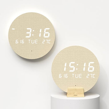 mooas Wood Moon Cordless Mini Digital LED Wall Clock, Date, Temperature, Auto Brightness, Digital Wireless Wall Clock Modern Minimalist Décor for Office Livingroom Bedroom, Wall Mount/Wooden Stand