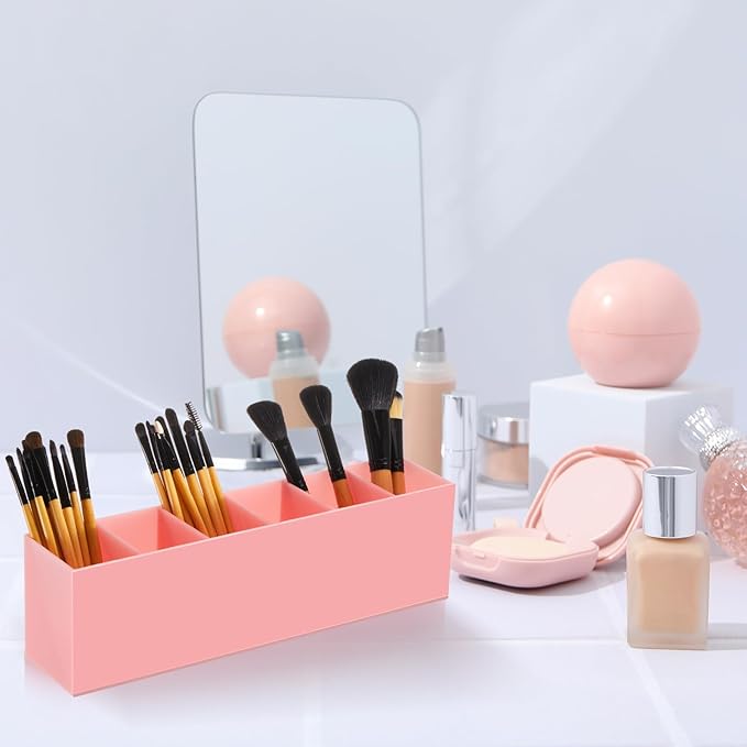 Jetec Acrylic Pen Holder 6 Compartments Makeup Brush Stationery Organizer Pencil Holder for Desk Accessories, Cosmetic Brushes, Dorm, Home, Bathroom, Kitchen, Office Supplies(Pink)