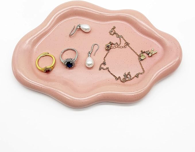 Ceramic Jewelry Tray, Jewelry Dish for Women, Small Ring Dish, Pink Cloud Tray Nightstand Decor Jewlery Plate Ring Holder Dish, Gift for Mom Trinket Tray Jewelry Bowl for Keys, Perfume,Candles