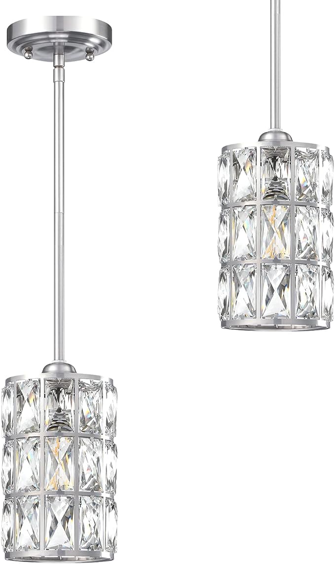 2 Pack 1 Light Hanging Kitchen Island 5" Crystal Pendant Light Modern Pendant Light Fixture Brushed Nickel Finish with Crystal Shade for Bar,Dining Room,Corridor,Living Room Over Sink