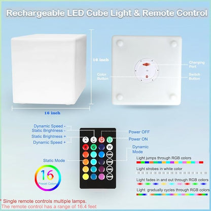16-inch LED Cube Light, Rechargeable Cube Light Table w/Remote, 16 Colors Dimmable Glow Lamp Chair, Waterproof Glowing LED Furniture Side Seat Mood Lighting for Home Party Patio Decor