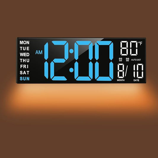 TrophyRak 16" Large Digital Wall Mount Clock, Count Down Timer, Alarm, Big LED, RGB Color, DST, Temperature for Living Room Classroom Desk, Wall, Xmas, Birthday Gift for Senior Mom Dad, Blue White