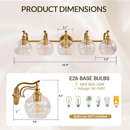 ANDY STAR Brushed Gold Bathroom Light Fixtures, 5-Light Vanity Lights for Mirror, 35 Inch Modern Wall Sconces Lighting with Globe Clear Shade Up or Down Wall Mounted for Bedroom, Living Room, Hallway