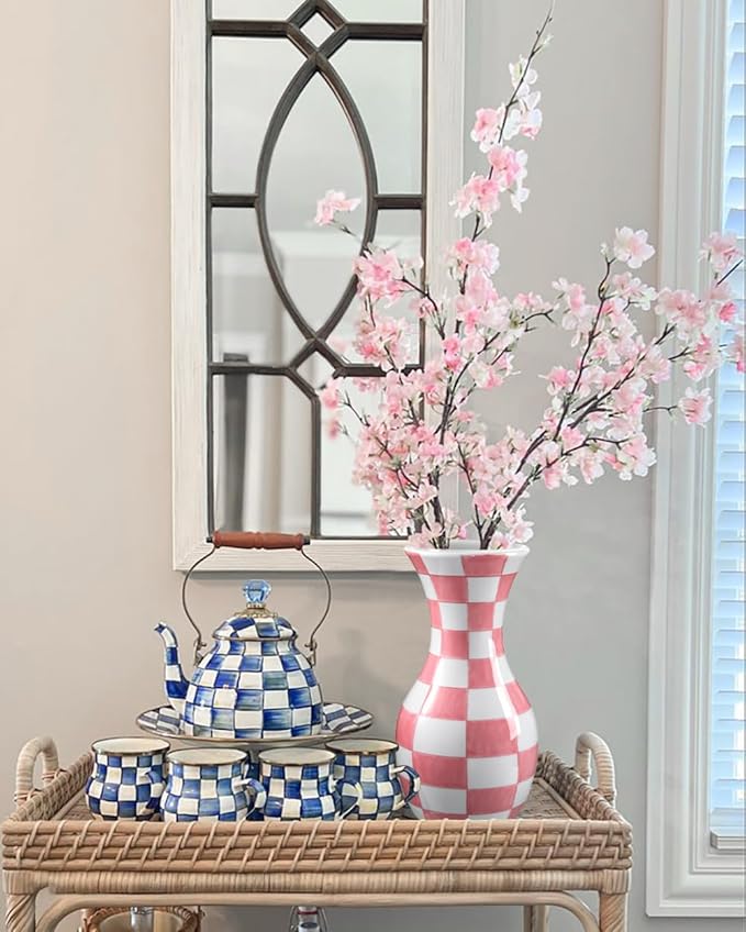 Pink and White Ceramic Vase, 11" Tall Pink Checkered Vase in Wide Mouth, Large Decorative Flower Vases for Decor Living Room, Table Centerpiece, Dining Room, Entryways, Wedding Decor, Porcelain Vase