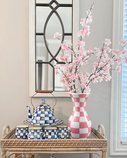 Pink and White Ceramic Vase, 11" Tall Pink Checkered Vase in Wide Mouth, Large Decorative Flower Vases for Decor Living Room, Table Centerpiece, Dining Room, Entryways, Wedding Decor, Porcelain Vase