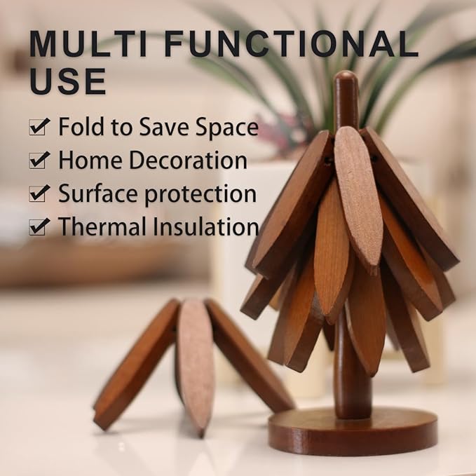 EGO LIFE Wooden Trivet Tree Set for Hot Dishes, 100% Natural Wood, Expandable Design Coaster, Foldable Tree-Sharped Placemats with 4PCS(Walnut Color)