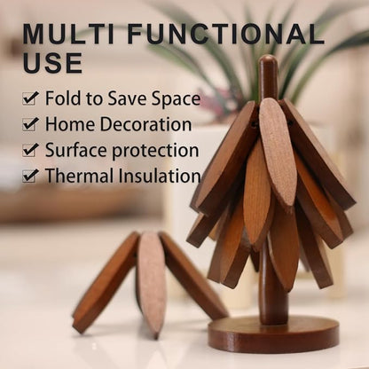 EGO LIFE Wooden Trivet Tree Set for Hot Dishes, 100% Natural Wood, Expandable Design Coaster, Foldable Tree-Sharped Placemats with 4PCS(Walnut Color)