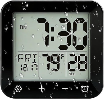 Digital Waterproof Shower Clock, Bathroom Kitchen Clock with Countdown Timer, Wall Clock with Large LCD Display, Temperature, Touch Button, Suction, Hanging Hole, Battery Operated I Black